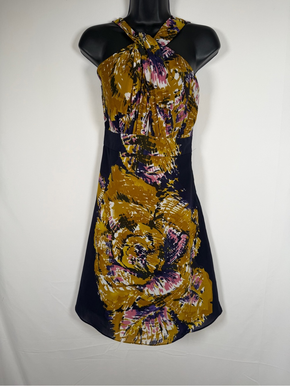 The Limited Y2K Navy, Mustard and Pink Floral Knot-Front Mini Dress